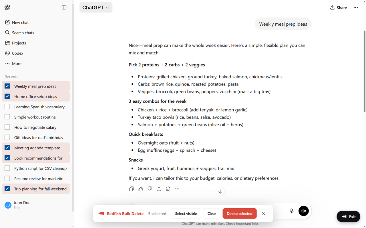 Redfish Bulk Delete extension adding checkboxes to the ChatGPT sidebar with 5 chats selected and a Delete selected button ready to click.